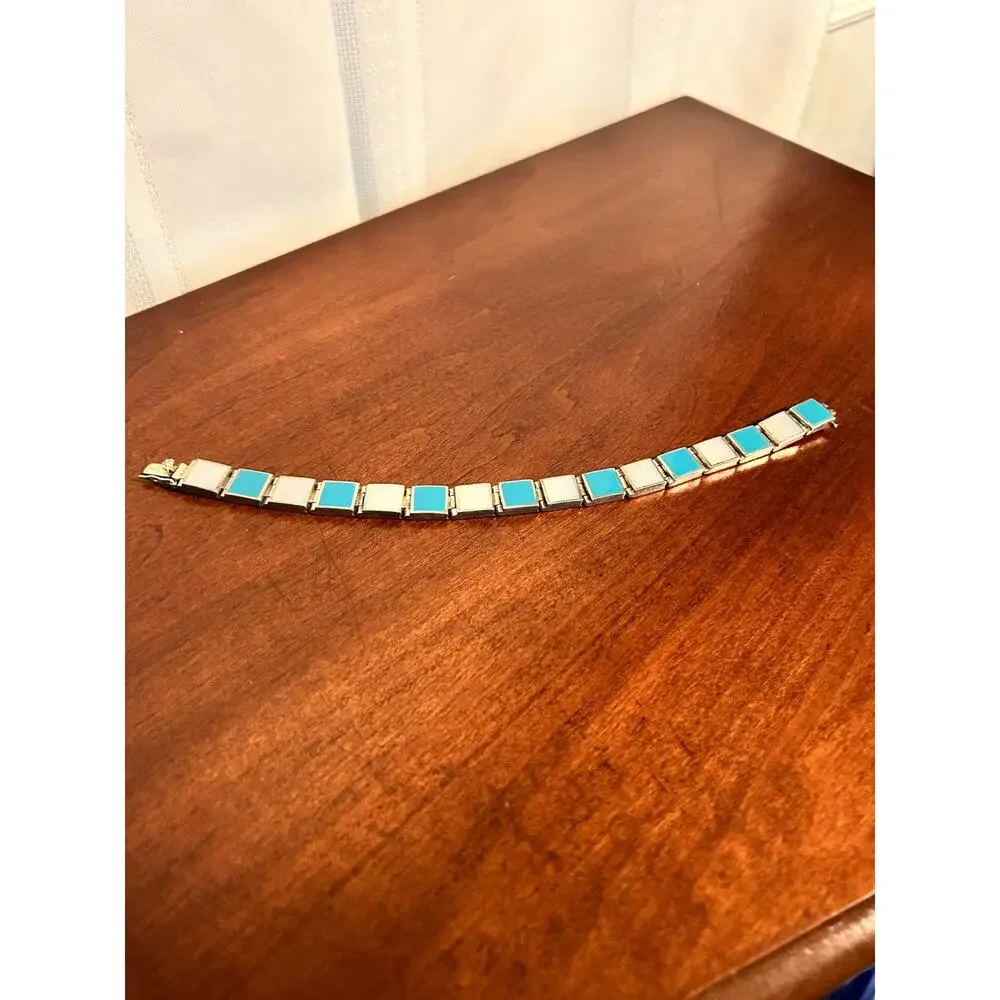 Vintage 925 FAS Sterling Silver Turquoise & Mother of Pearl Bracelet 8